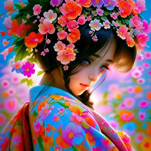 (Masterpiece, best quality), realistic, editorial,  1 painting of a beautiful Long haired woman with flowers in her hair, anime hi-fructose, neon backlit, vray, meticulous, rtx on, Artgerm, Tanya shatseva, close up of a young anime girl, computer aesthetic, female geisha girl, indigo filter, vibrant.-h 704, kawaii aesthetic, manga, neoartcore, ukiyo, bastien yoshitaka amano