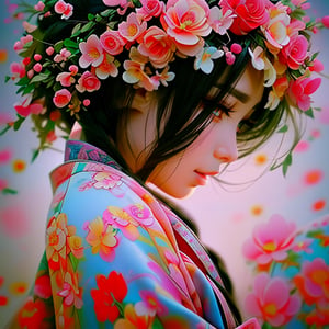 (Masterpiece, best quality), realistic, editorial,  1 painting of a beautiful Long haired woman with flowers in her hair, anime hi-fructose, neon backlit, vray, meticulous, rtx on, Artgerm, Tanya shatseva, close up of a young anime girl, computer aesthetic, female geisha girl, indigo filter, vibrant.-h 704, kawaii aesthetic, manga, neoartcore, ukiyo, bastien yoshitaka amano