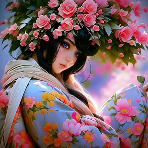 (Masterpiece, best quality), realistic, editorial,  1 painting of a beautiful Long haired woman with flowers in her hair, anime hi-fructose, neon backlit, vray, meticulous, rtx on, Artgerm, Tanya shatseva, geisha poses, computer aesthetic, female geisha girl, indigo filter, vibrant.-h 704, kawaii aesthetic, manga, neoartcore, ukiyo, bastien yoshitaka amano