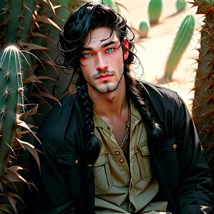 (Masterpiece, best quality), 1 man , cactus surreal fashion, posing against a desert of cactus , in cargo shorts  , crotch_bulge, posing, looking at viewer,  editorial , boho boy with long hair braids, cactus fantasy theme photoshoot, aly fell and artgerm, realistic anime, handsome, male ulzzang, paleo art, vray, ray tracing, cactus Kingdom, 32k uhd