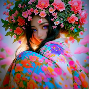 (Masterpiece, best quality), realistic, editorial,  1 painting of a beautiful Long haired woman with flowers in her hair, anime hi-fructose, neon backlit, vray, meticulous, rtx on, Artgerm, Tanya shatseva, close up of a young anime girl, computer aesthetic, female geisha girl, indigo filter, vibrant.-h 704, kawaii aesthetic, manga, neoartcore, ukiyo, bastien yoshitaka amano