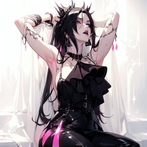 (masterpiece, top quality, best, official art, beautiful and aesthetic:1.2), looking_at_viewer, Goth Girlfriend, office suit, sharp choker spikes, smoky eyes, bite lip, gorgeous female with big breasts, long pink hair, black long hair with pink highlights, mature content, nightmare, horror, scoundrel, black tie, chains, vile, black lips, black lipstick, glowing eyes, rain, ash, tar, needles, in hair, prismatic makeup, thick collar, psychotic, hands flairing, scream, Style, sitting on knees,