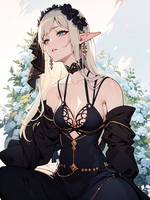 ultra-detailed,(best quality),((masterpiece)),(highres),original,extremely detailed 8K wallpaper,(an extremely delicate and beautiful),anime,1 girl,long_ears,elven_ears,elven_woman,big_breast,overboob,cleavage,background=garden()forest<future,