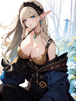 ultra-detailed,(best quality),((masterpiece)),(highres),original,extremely detailed 8K wallpaper,(an extremely delicate and beautiful),anime,1 girl,long_ears,elven_ears,elven_woman,large_breast,big_tits,overboob,cleavage,background=garden()forest<future,
