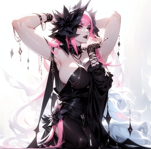 (masterpiece, top quality, best, official art, beautiful and aesthetic:1.2), looking_at_viewer, Goth Girlfriend, ((topless)), wearing ((micro pencil skirt)), (pantieless, pantie_less), cherry red eyes, biting the lower lip of the mouth, stunning mature woman with big breasts, long pink hair, black long hair with pink highlights, mature content, nightmare, horror, scoundrel, black tie, chains, vile, black lips, black lipstick, glowing eyes, rain, ash, tar, needles, in hair, prismatic makeup, thick spikes collar, psychotic, hands flairing, scream, Style, sitting on knees, exposed hips, toned arms,edgHL, sexy, skimpy_outfit,