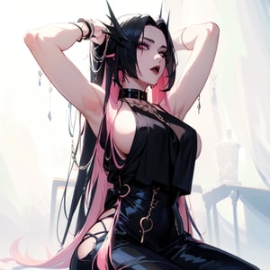 (masterpiece, top quality, best, official art, beautiful and aesthetic:1.2), looking_at_viewer, Goth Girlfriend, office suit, smoky eyes, bite lip, gorgeous female with big breasts, long pink hair, black long hair with pink highlights, mature content, nightmare, horror, scoundrel, black tie, chains, vile, black lips, black lipstick, glowing eyes, rain, ash, tar, needles, in hair, prismatic makeup, thick spikes collar, psychotic, hands flairing, scream, Style, sitting on knees,