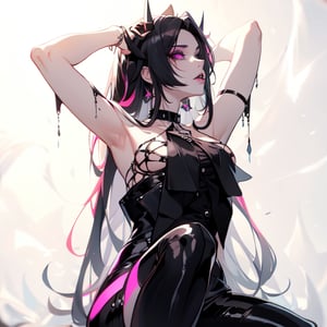 (masterpiece, top quality, best, official art, beautiful and aesthetic:1.2), looking_at_viewer, Goth Girlfriend, office suit, sharp choker spikes, smoky eyes, bite lip, gorgeous female, long pink hair, black long hair with pink highlights, mature content, nightmare, horror, scoundrel, black tie, chains, vile, black lips, black lipstick, glowing eyes, rain, ash, tar, needles, in hair, prismatic makeup, thick collar, psychotic, hands flairing, scream, Style, sitting on knees,