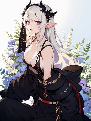 ultra-detailed,(best quality),((masterpiece)),(highres),original,extremely detailed 8K wallpaper,(an extremely delicate and beautiful),anime,1 girl,long_ears,elven_ears,elven_woman,large_breast,big_tits,overboob,cleavage,background=garden()forest<future,thinn_straps,slutty_looking,long_hair_color==black=1 gradient=violet=0.4,