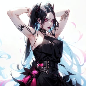 (masterpiece, top quality, best, official art, beautiful and aesthetic:1.2), looking_at_viewer , villain, evil, office suit, sharp nails, smoky eyes, bite finger, female, long pink hair, pigtails, content, nightmare, horror, scoundrel, black tie, chains, justiciar, vile, black lips, black lipstick, glowing eyes, rain, ash, tar, needles, in hair, prismatic makeup, thick collar, psychotic, hands flairing, scream,Style