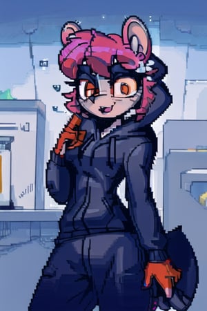 masterpiece, best quality, solo, male character (femboy), pink hair, red eyes, round opossum ears, opossum girl, anthropomorphous opossum, gray hoodie with opossum print, ,chibi,PixelArt,meowscles