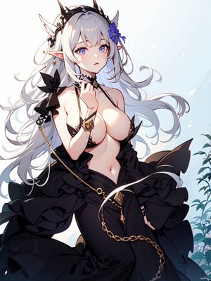 ultra-detailed,(best quality),((masterpiece)),(highres),original,extremely detailed 8K wallpaper,(an extremely delicate and beautiful),anime,1 girl,long_ears,elven_ears,elven_woman,large_breast,big_tits,overboob,cleavage,background=garden()forest<future,thinn_straps,slutty_looking,long_hair_color==black=1 gradient=violet=0.4,