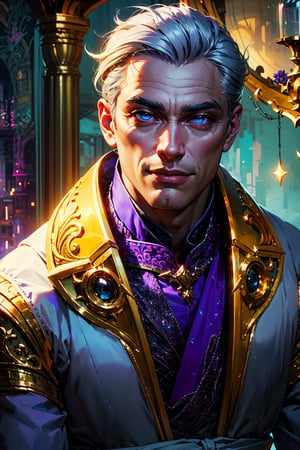 A wizard man with gray hair and Purple color of eyes, Wearing cool blue magical clothes, amicable smile, ((1man:1.2)), wiseman, ((Purple eye color)). Gray colored eyewbrows, gray eyebrows, ((man:1.2)),

 half-body headshot, Manly, Man, ((Waist up shot:1.2))

realistic:2, 8k, intricate, elegant, highly detailed, majestic, digital photography, (masterpiece, sidelighting), hdr, lolstyle, pixel, pixel art,