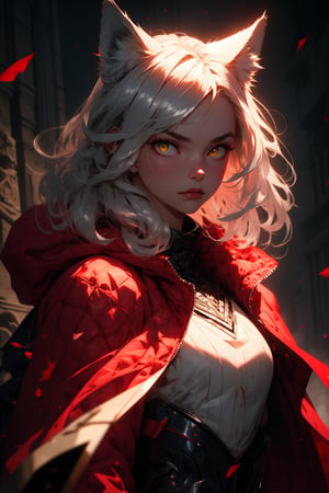 Silver haired young woman, wolf ears, knight armor with a red cape, red hood, ((yellow eyes:1.2)), ((wolf ear:1.2)), Knight hunter, Silver Hair, RED parka, taciturn, small chest, Silver colored eyebrows, jaded face, RED jacket,

realistic:2, 8k, intricate, elegant, highly detailed, majestic, digital photography, (masterpiece, sidelighting), hdr, lolstyle