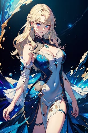  ((best quality::1.3), ((masterpiece::1.3), ((detailed::1.2),distinct image,Cowboy shot,BREAK Solo,looking at viewer,Tapered body,Half-Up Half-Down Ash Blonde hairs,Sapphire eyes,Sheer Sleeve Dress natural volumetric lighting,Artistic Background,Gwendolyn_Tennyson,beautiful girl with hair like stary sky 