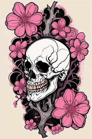 Human Skull , skull_graphics , Mari Inukai, Pat Perry, Michael DeForge,oni style vector ink style, cherry blossoms in the background 