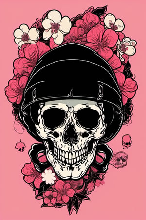 Human Skull , skull_graphics , Mari Inukai, Pat Perry, Michael DeForge,oni style vector ink style, cherry blossoms in the background 