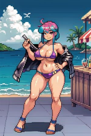 1GIRL, (thick_hips:0.8), purple_eyes, aqua_hair, short_hair_with_long_locks, bikini, standing, beach bar, looking_at_viewer, full_body, sexy, beautiful, perfect, attractive, hands_on_chest, busty breasts , PixelArt