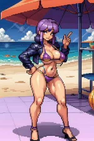 1GIRL, (thick_hips:0.8), purple_eyes, lavender_hair, short_hair_with_long_locks, bikini, standing, beach bar, looking_at_viewer, full_body, sexy, beautiful, perfect, attractive, hands_on_chest, busty breasts , PixelArt