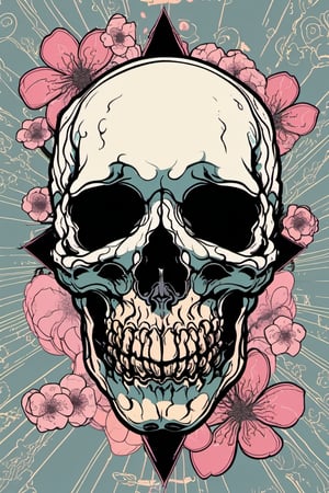 Human Skull , skull_graphics , Mari Inukai, Pat Perry, Michael DeForge,oni style vector ink style, cherry blossoms in the background 