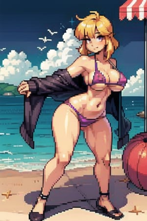 1GIRL, (thick_hips:0.8), purple_eyes, blond_hair, short_hair_with_long_locks, bikini, standing, beach bar, looking_at_viewer, full_body, sexy, beautiful, perfect, attractive, hands_on_chest, busty breasts , PixelArt