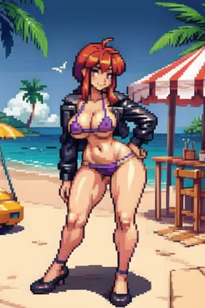 1GIRL, (thick_hips:0.8), purple_eyes, red_hair, short_hair_with_long_locks, bikini, standing, beach bar, looking_at_viewer, full_body, sexy, beautiful, perfect, attractive, hands_on_chest, busty breasts , PixelArt