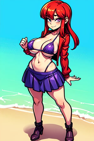 1GIRL, (thick_hips:0.8), purple_eyes, redhead, short_hair_with_long_locks, bikini_skirt, standing, looking_at_viewer, full_body, sexy, beautiful, perfect, attractive, hands_on_chest, busty breasts DD