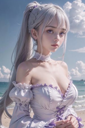 (8k, RAW photo, photorealistic:1.25),
outfit   (Emilia - Re:Zero)
(huge breasts), 
(highly detailed Caucasian skin:1.2), 
(1girl, solo, long hair, breasts,
looking at viewer,
bangs, large breasts,
hair ornament,
purple eyes,
long sleeves,
dress, cleavage,
bare shoulders,
very long hair,
upper body, ponytail,
white hair,
outdoors, frills, detached sleeves, sky, cloud, purple eyes, white dress, cloudy sky), A close up of the person, well sunlit, outdoor, ulzzang, ((looking at viewer)), Serene and goddess-like,aaaura, Emilia - Re:Zero,emilia