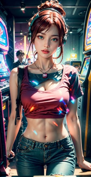 photography awards, masterpiece, red hair, green eyes, photorealistic, high resolution, soft light, pink t-shirt, Fitted top,  1women, solo, hips up, Gamer girl, Game center, arcade, shining skin, dynamic pose, bright, Game center background, high background detail, dim light, night, pink headphone