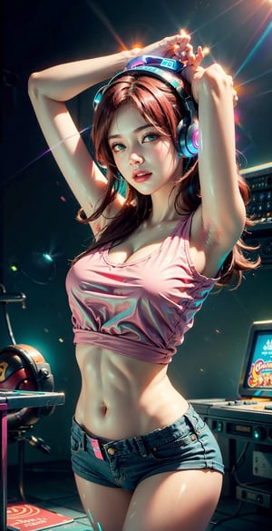 photography awards, masterpiece, red hair, green eyes, photorealistic, high resolution, soft light, pink t-shirt, 1women, solo, hips up, Gamer girl, Game center, arcade, shining skin, dynamic pose, bright, Game center background, high background detail, dim light, night, pink headphone
