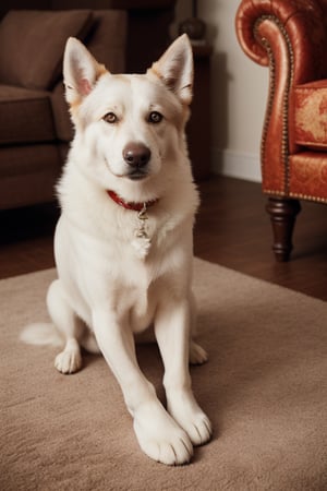 "Full body wide angle professional portrait photo of a sniffing dog, white dog, clear (closed) and detailed eyes, curled up at the feet of his master (person sitting in slippers), background in the living room, nice
backlight, fashion photography, centered, symmetrical, hasselblad helios 44-2 58mm F2, by Annie Leibovitz and Ellen von Unwerth"