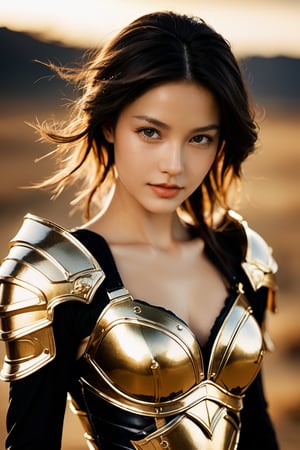 "Professional full body wide angle portrait of a beautiful bioandroid woman, half naked golden armor, in full battle, with an extra detailed weapon, powerful woman, warrior, clear and detailed eyes, and in the background another fallen warrior, sinister sunset background , backlit, film photography, centered, symmetrical, hasselblad helios 44-2 58 mm F2, by Annie Leibovitz and Ellen von Unwerth"xxmix_girl,portrait of a woman,polaroid,film, graininess,smile,cold,dark theme