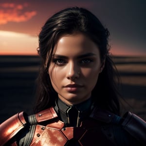 a bioandroid woman, 20 years old in the middle of the war, long hair, dark theme, soft tones, muted colors, high contrast (natural skin texture, hyperrealism, soft light, sharp), red background, devastating background, red sky, fighting with another woman, in armor (hyperrealism)