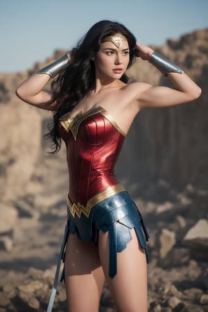 wonder woman, young model with long black hair, realistic skin, expressive black eyes, fine figure, cute latina appearance, dressed in wonder woman costume, stunningly beautiful, vibrant, photorealistic, backlit, movie like, light hair, with face of (gal galdot) with the whip of truth, (holding it) with a clear background image (in the middle of a battle) let it rain colored rain, with battle pose, full body, movie image