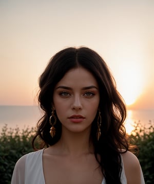 "half body wide angle professional portrait photo of a beautiful hippy woman, clear and detailed eyes, nature background at sunset, backlighting, fashion photography, centered, symmetrical, hasselblad helios 44-2 58mm F2, by Annie Leibovitz and Ellen von Unwerth"