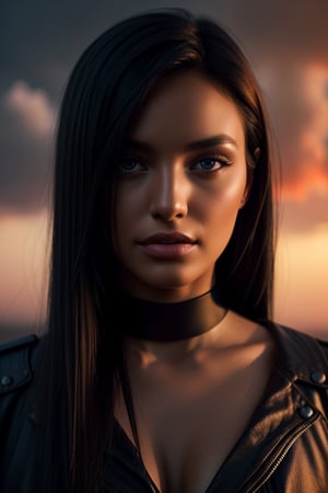 a bioandroid woman, 20 years old in the middle of the war, long hair, dark theme, soft tones, muted colors, high contrast (natural skin texture, hyperrealism, soft light, sharp), red background, devastating background, red sky