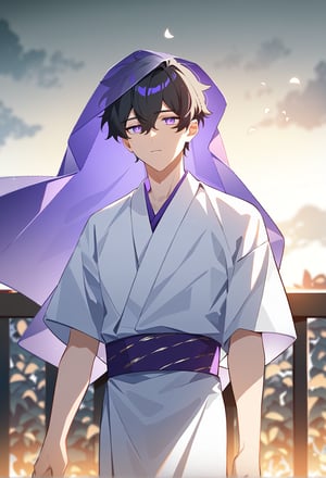 1boy, male focus, bishounen, short hair, black hair, purple eyes, white kimono, white sleeves, kariginu, purple veil, bored, closed mouth, outdoors, overcast, cowboy shot, source anime, score_9_up, best quality, amazing quality, best aesthetic, absurdres, year 2023,