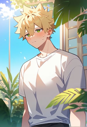 1boy, male focus, muscular, muscular male, spiked hair, blonde hair, hair between eyes, green eyes, jitome, white shirt, blush, sweatdrop, outdoors, sky, plant, cowboy shot, source anime, score_9_up, best quality, amazing quality, best aesthetic, absurdres, year 2023