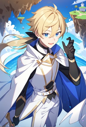 1boy, male focus, bishounen, long hair, hair between eyes, blonde hair, hair ribbon, black ribbon, low ponytail, blue eyes, black shirt, white pants, white coat, white cape, two-sided cape, blue cape, white armor, black gloves, white belt, smile, :d, standing, holding sword, day, cloud, floating island, cowboy shot, source anime, score_9_up, best quality, amazing quality, best aesthetic, absurdres, year 2023