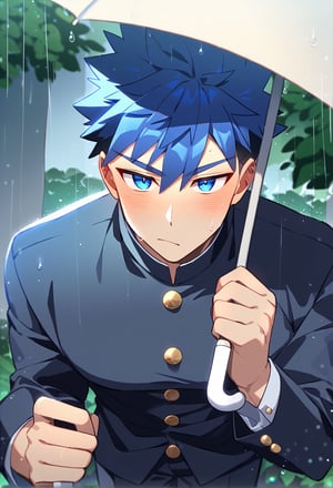 1boy, male focus, toned, toned male, spiked hair, blue hair, v-shaped eyebrows, tsurime, blue eyes, gakuran, blush, holding umbrella, rain, outdoors, rural, cowboy shot, source anime, score_9_up, best quality, amazing quality, best aesthetic, absurdres, year 2023