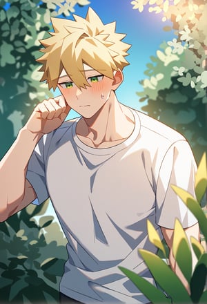 1boy, male focus, muscular, muscular male, spiked hair, blonde hair, hair between eyes, green eyes, jitome, white shirt, blush, sweatdrop, outdoors, sky, plant, cowboy shot, source anime, score_9_up, best quality, amazing quality, best aesthetic, absurdres, year 2023