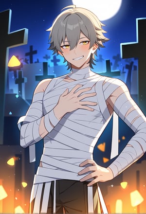 1boy, male focus, Caelus, hair between eyes, grey hair, yellow eyes, halloween, mummy costume, smirk, blush, hand on own chest, hand on own hip, night sky, moonlight, graveyard, cowboy shot, source anime, score_9_up, best quality, amazing quality, best aesthetic, absurdres, year 2023,