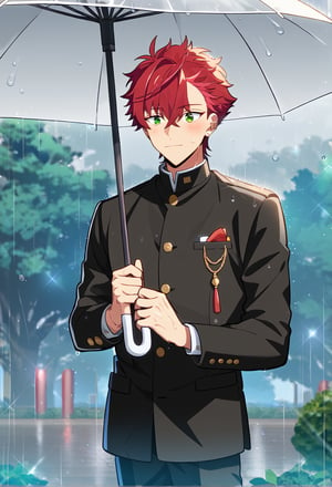 1boy, male focus, akira_otori, red hair, bangs, green eyes, gakuran, blush, holding umbrella, rain, outdoors, rural, cowboy shot, source anime, score_9_up, best quality, amazing quality, best aesthetic, absurdres, year 2023,