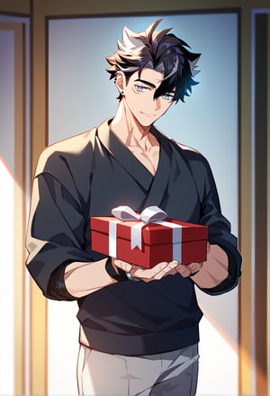 1boy, male focus, wriothesley, black hair, short hair, multicolored hair, bangs, blue eyes, light smile, holding box, holding gift, indoors, cowboy shot, source anime, score_9_up, score_8_up, score_7_up, best quality, amazing quality, best aesthetic, absurdres, year 2023,