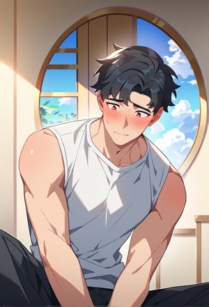 1boy, male focus, toned male, short hair, black hair, red eyes, china dresss, embarrassed, blush, closed mouth, sitting, indoors, round window, cloud, cowboy shot, source anime, score_9_up, best quality, amazing quality, best aesthetic, absurdres, year 2023,