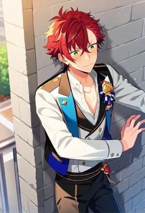 1boy, male focus, akira_otori, red hair, bangs, green eyes, idol costume, ensemble stars!, undead (ensemble_stars!), undead coutume, closed mouth, blush, against wall, sweatdrop, outdoors, cowboy shot, source anime, score_9_up, best quality, amazing quality, best aesthetic, absurdres, year 2023,