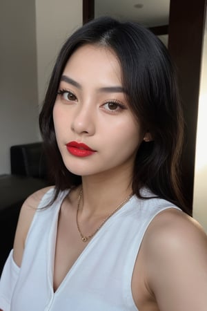 Asian, korean, influencer, beauty, 8k, High resolution, no make up, bare face, cinematic, high end fashion, luxury, ombre red lips, head to waist, 