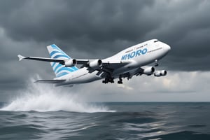 A white Boeing 747, skimming the sea and causing movement in the water due to the effect of the jets, realistic water, High detail. cloudy sky. Cinematic light, masterpiece, best quality, photorealistic, 8k raw photography, detailed background, ultra detailed, wide shot