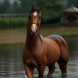 a pretty tan horse, in the rain, ((blurred)) over the water, 8k, uhd, dslr, photo realistic, award-winning, telephoto lens