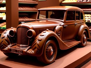 Photo, realistic, a chocolate Bentley car from the 1920s parked on the street, very detailed, chocolate a little melted by the heat of the sun, chocolate, displayed in a large chocolate candy store