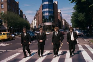 Full shot of the classic image of the 4 members of The Beatles, crossing a crosswalk